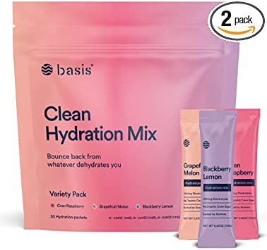 Basis Hydration Low Sugar Powder Packets, Electrolyte Exercise Mix, Keto-Friendly, Hangover Supplement Drink, Pregnancy Dehydration Relief - for Workout Illness Travel Sports (Variety Pack, 30 Sticks)