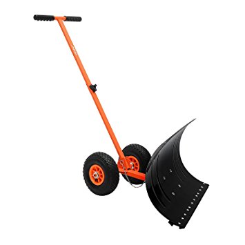 Ohuhu Adjustable Wheeled Snow Pusher Heavy Duty Rolling Snow Shovel