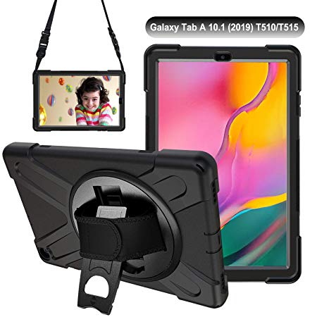 Galaxy Tab A 10.1 2019 Case [SM T510/T515] Heavy Duty Shockproof Rugged Tough Case with 360 Rotating Kickstand and Hand/Carry Strap Protective Cover for Samsung Galaxy Tab A 10.1 2019 T510/T515, Black