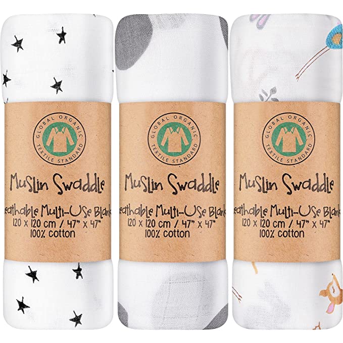 3 Pieces Baby Swaddle Blankets Muslin Baby Blanket 47 x 47 Inch Large Blanket Boys and Girl Unisex Swaddle Blanket Soft Silky Swaddling Blankets Wrap for Newborn Infant