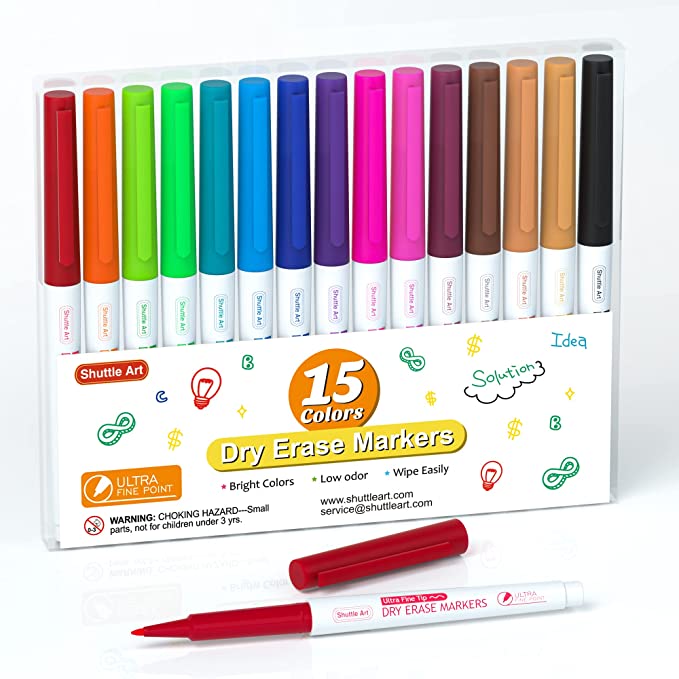 Dry Erase Markers, Shuttle Art 15 Colors Whiteboard Markers,Ultra Fine Tip Dry Erase Markers for Kids,Perfect For Writing on Whiteboards, Dry-Erase Boards,Mirrors,Calender, School Office Supplies