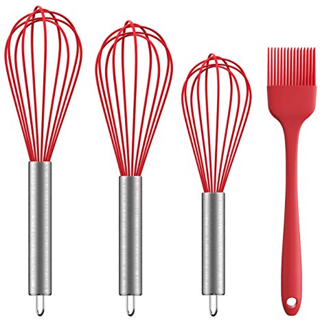 Silicone Whisk, Ouddy 3 Pack Kitchen Whisk, Durable Cooking Egg Balloon Whisk, Suitable for Blending, Whisking, Beating, Stirring - Come with Cooking Brush