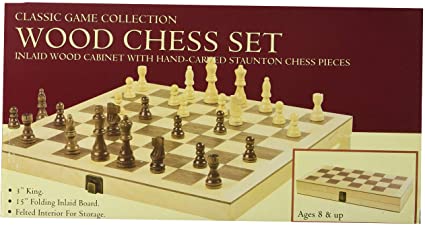Hansen Games Classic Natural Wood Wooden Chess Set 15” Inlaid Board with Hand Carved Chessmen and Storage