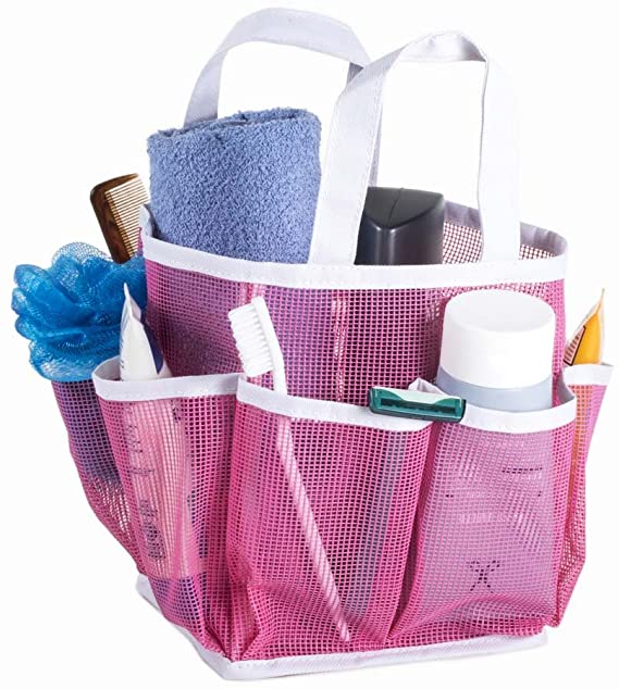 Mesh Portable Shower Tote and Caddy - Multiple Colors Available. Perfect For Dorm, Gym, Bath with Handles. Fast Drying, Pink with White Trim