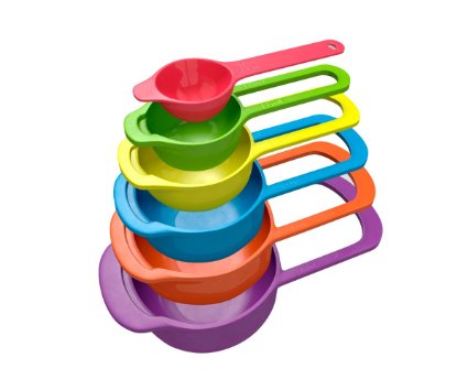 6 Pc Set of Plastic Nested Measuring Cups and Spoons. Stackable Space Saving Multicolor Design.