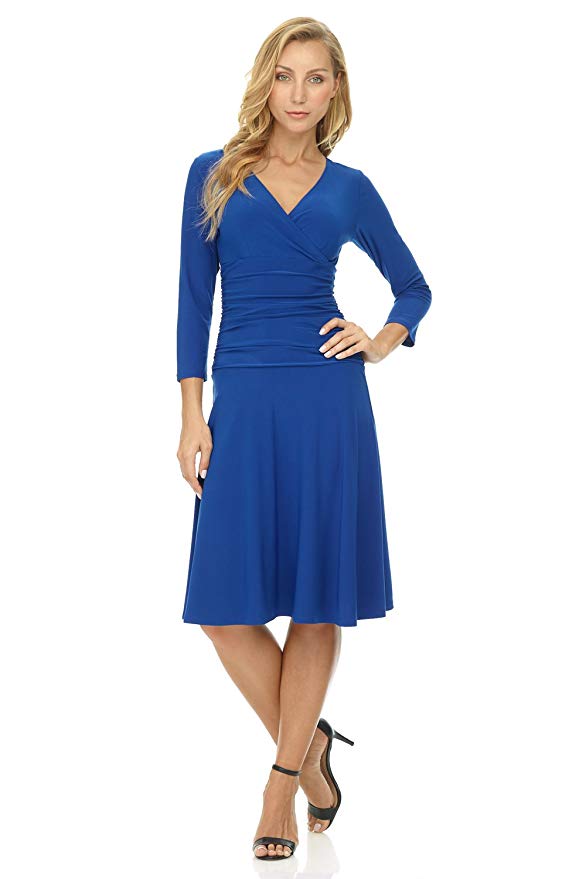 Rekucci Women's Slimming 3/4 Sleeve Fit-and-Flare Crossover Tummy Control Dress