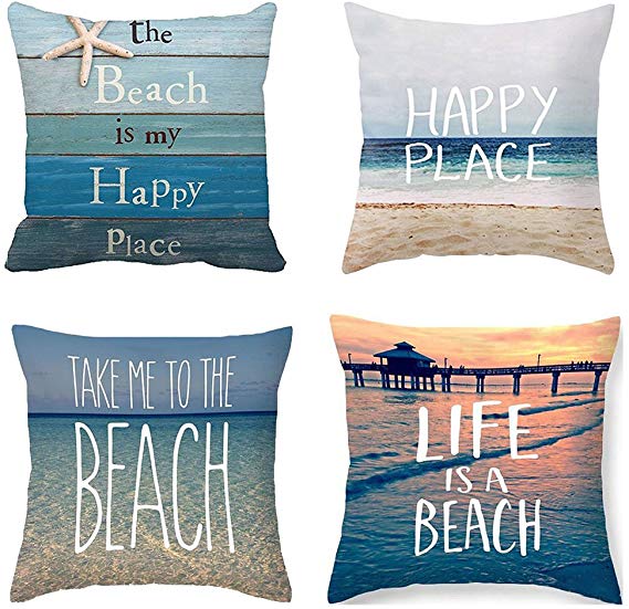 PSDWETS Home Decor The Beach is My Happy Place Pillow Covers Set of 4 Cotton Linen Beach Decor Throw Pillow Case Cushion Cover 18 X 18