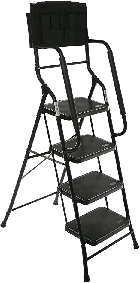 EdMaxwell 4 Step Ladder Step Stool 500 lb Capacity Folding Portable Ladder Steel Frame with Safety Side Handrails Non-Slip Wide Pedal Kitchen and Home Stepladder with Attachable Tool Bag Black