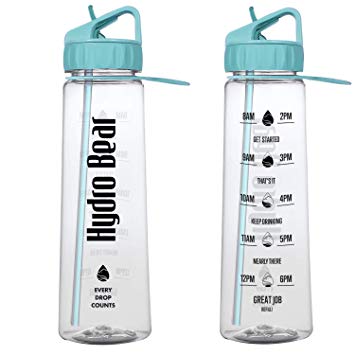 Hydro Bear Motivational Fitness Sports Water Bottle with Time Marker | Measurements | Drink More Water Daily | BPA Free Tritan with Flip Straw | for Outdoors; Adults | Large 30 Ounce