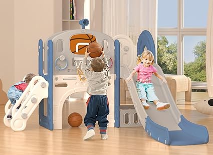 Glaf 8 in 1 Toddler Slide for Age 1-3, Kids Slides Outdoor Playset Indoor Playground for Backyard, Baby Climber Slides with Telescope Basketball Hoop Tunnel Storage Space and Ball (Blue)