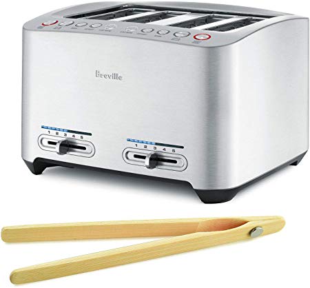 Breville BTA840XL 4-Slice Smart Toaster Bundle with Norpro Bamboo Toaster Tongs - Brushed Die–Cast Aluminum