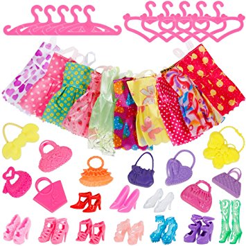 Faburo 40Pcs Doll Accessories, 10 Pack Doll Clothes Party Gown Outfits, 10 Cloth for Barbie, 10 Bags and 10 Shoes for 28-30cm Barbie Doll Girl Birthday Gift