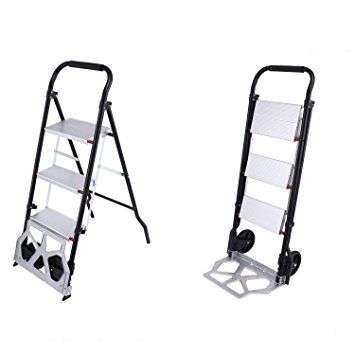 Vividy 2 in 1 Heavy Duty 176lbs Two Wheels Hand Truck and 330lbs 3-Step Ladder Portable Folding Luggage Cart Dolly with Hand Grip(US STOCK)