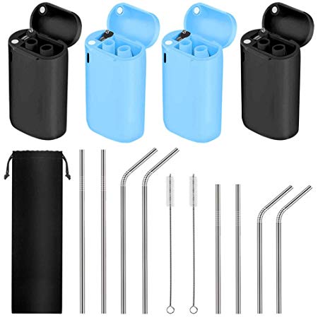 12 Packs Collapsible Reusable Stainless Steel Drinking Straws Set, 4 Foldable Straws with Portable Cases, 8 Dishwasher Safe Long Straws for 30oz 20oz Tumbler Cups, Includes Cleaning Brushes & Pouch