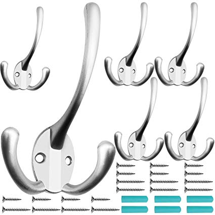 IBosins 6 Pack Big Heavy Duty Three Prongs Coat Hooks Wall Mounted with 24 Screws (Two Types of Screws Included) Retro Double Utility Rustic Hooks for Thick Coat, Big Heavy Bags (Matte Nickel)