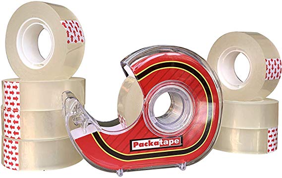 Packatape Sticky Clear Cellotape Stationery/Gift wrap Tape 18mm x 33 Meters 1" core Free Snail Tape Dispenser (8 Pack)