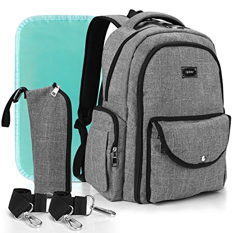 Diaper Bag Backpack for Dad and Mom, Apiker Unisex Water Resistant Nappy Bag for Travel with Baby, Stylish and Durable, with Extra Changing Pad, Stroller Straps and Insulated Sleeve (Grey)