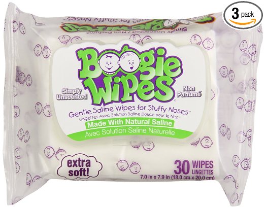 Boogie Wipes Natural Saline Kids and Baby Nose Wipes for Cold and Flu, Unscented, 30 Count (Pack of 3)