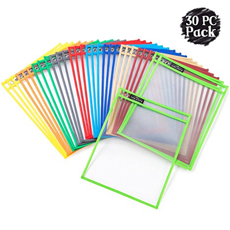 Dry Erase Pockets - Reusable   Oversized - Size 10 X 13 Inches - 30 Pockets for Adults and Children - Mixed Colors - Ideal to use at School or at Work