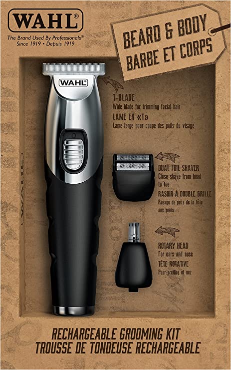 Wahl Canada Beard & Body Rechargeable Grooming Kit, All In One Trimmer Kit With Personal Trimmer, Worldwide voltage, Men Grooming, Includes 4 T-blade trimming guides ideal for blending, tapering and defining beards - Model 3285 , Silver/Black