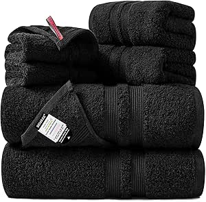 SEMAXE Solid 6-Piece Towel Set, Black, 600GSM 100% Cotton, 2 Each of Bath Towel, Hand Towel, and Washcloths, Gift Box Packaging, Hanging Loop Design, Nano-Bio Lifecycle Label