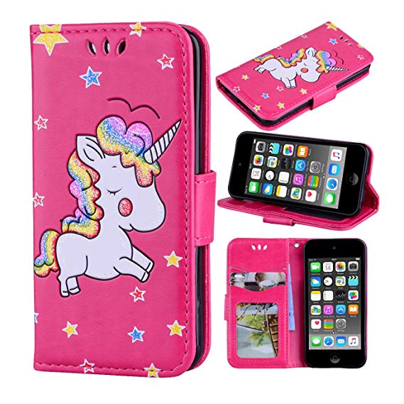 iPod Touch 6 Case, iPod Touch 5 Case, Ranyi [3D Glitter Unicorn Embossed] [Flip Magnetic Wallet] [3 Card Slot] Cute Bling PU Leather Folio Wallet Case for Apple iPod Touch 5 6th Generation (hot pink)