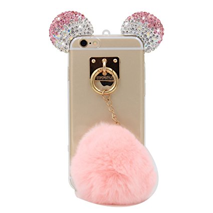 iPhone 6S Case, MC Fashion Handmade Sparkle Bling Bling 3D Rhinestone Mickey Mouse Ear with Faux Fur Ball Clear Transparent Rubber TPU Case for Apple iPhone 6/6S (Bling-Pink 2 with Fur Ball)