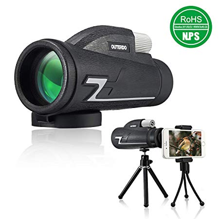 （NO False Multiple）10x42 Monocular Telescope, OUTERDO High Power Dual Focus BAK-4 Prism FMC Waterproof Monoculars for Phone with 2 x Durable Tripods for Bird Watching, Hunting, Camping, Hiking,Outdoor