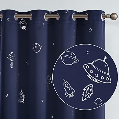 Navy Blue Space Blackout Curtains 63 Inches Length 2 Panels for Boys Kids Room, Silver Foil Print Grommet Top Window Drapes for Living Room Bedroom