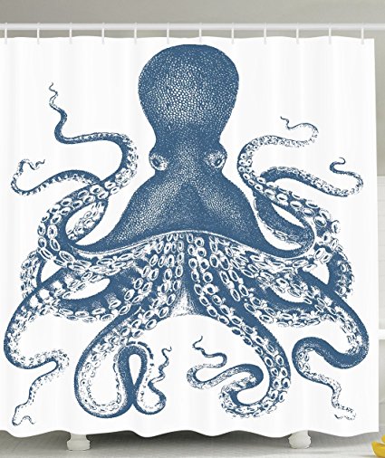 Kraken Shower Curtain Octopus Decor by Ambesonne for Baby, Sea Creatures Sea Life Nautical Blue, Polyester Fabric Bathroom Set with Hooks, 69 x 70 Inches Long, Blue