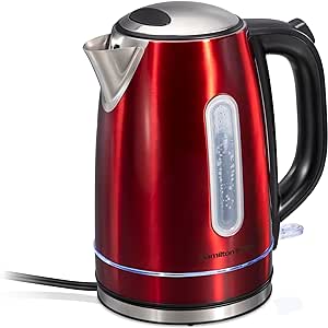 Hamilton Beach Electric Tea Kettle, Water Boiler & Heater, 1.7 Liter, Cordless Serving, 1500 Watts for Fast Boiling, Auto-Shutoff and Boil-Dry Protection, Red with LED Light Ring (41060)