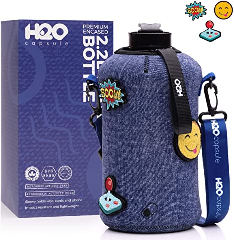 H2O Capsule 2.2L Half Gallon Water Bottle with Insulated Storage Sleeve – Tritan BPA Free Large Water Bottle/2.2 Liter (74 Ounce) Big Sports Bottle Jug with Handle (Denim Pop)