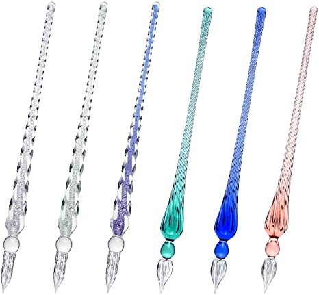 6 Pieces Handmade Glass Dip Pen, High Borosilicate Glass Crystal Dip Pen Glass Signature Pen for Writing Drawing Calligraphy Decorations Presents (Silvery, Ink Blue, Ice Green, Green, Blue, Pink)