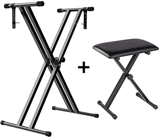 Yaheetech Premium Keyboard Stand and Piano Bench Seat Set, Adjustable Padded Keyboard Bench/Piano Stool and Double Braced Keyboard Stand