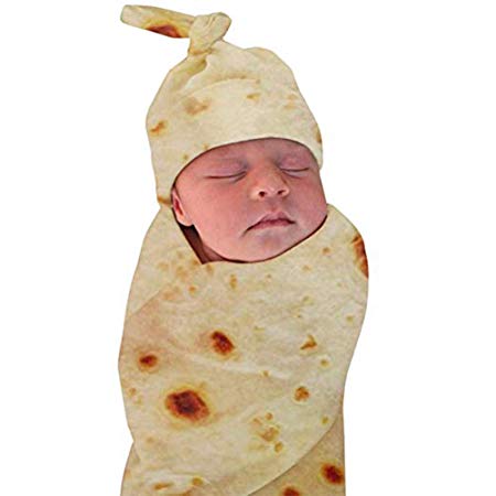 Burrito Swaddle Blanket Tortilla Baby Blanket and Hat, 34 inch Soft Flannel Baby Burritos Safe Shower Blanket