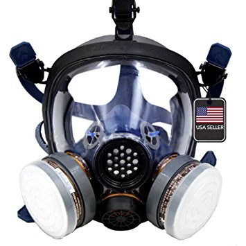 Full Face Respirator by Parcil Distribution. Double Air filter, Visor Protection, Gas Mask - Industrial Grade Quality - Pure SAFE Breathing for toxic spray, chemical pest control, painting, fires