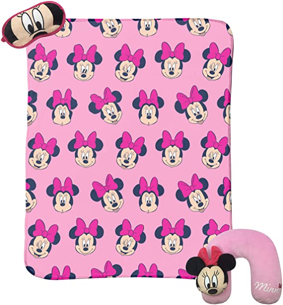 Jay Franco Disney Minnie Mouse 3 Piece Plush Kids Travel Set with Neck Pillow, Blanket, Eye Mask (Official Disney Product)