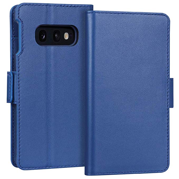 FYY Samsung Galaxy S10e 5.8" Luxury [Cowhide Genuine Leather][RFID Blocking] Handcrafted Wallet Case, Handmade Flip Folio Case with [Kickstand Function] and [Card Slots] for Galaxy S10e (5.8") Blue