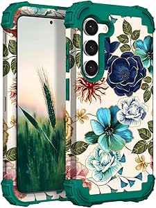 Hocase for Galaxy S24 Plus Case, Shockproof Heavy Duty Protection Soft Silicone Rubber Bumper Hard Plastic Hybrid Protective Case for Samsung Galaxy S24 Plus (6.7") 2024 - Teal Flowers