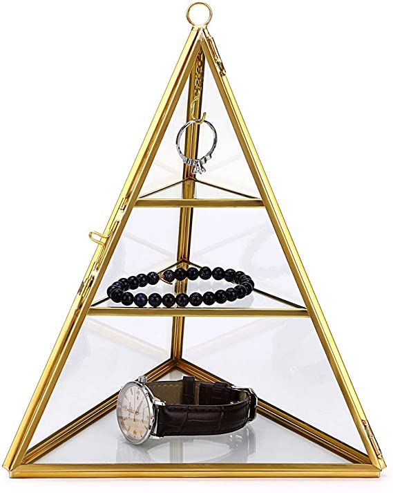 Hipiwe 3-Tier Glass Pyramid Jewelry Stand Holder, Geometric Ring Jewelry Display Organizer Case, Decorative Tower box for Storage Trinket, Earring, Necklace, Bracelet