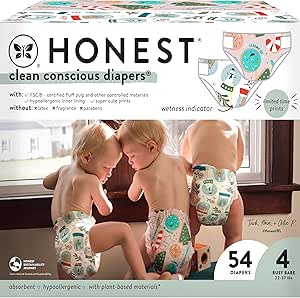 The Honest Company Clean Conscious Diapers | Plant-Based, Sustainable | Winter '24 Limited Edition Prints | Club Box, Size 4 (22-37 lbs), 54 Count