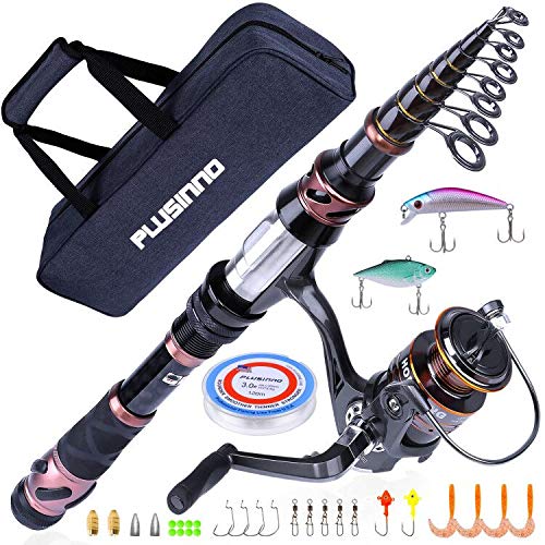 PLUSINNO Fishing Rod and Reel Combos, Toray 24-Ton Carbon Matrix Telescopic Fishing Rod Pole, 12  1 Shielded Bearings Stainless Steel BB Spinning Reel, Saltwater and Freshwater Fishing Gear Kit