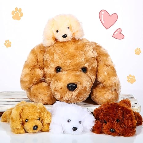 5 Pieces Dog Stuffed Animal Puppy Stuffed Animal 1 Big Mommy Dog with 4 Mini Baby Cute Soft Plush Dog Stuffed Dog with Puppies for Birthday Children's Party (Golden Retriever)