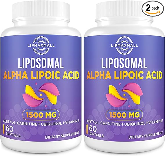 Liposomal Alpha Lipoic Acid 1500mg - with Acetyl-L-Carnitine 900mg & Ubiquinol 100mg & Vitamin E 15mg，ALA Supplement for Antioxidants Glucose Metabolism Nerve Energy, 60 Softgels (2 Bottle)