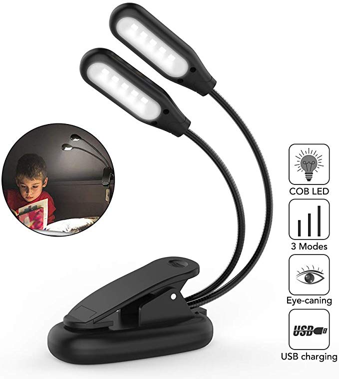 LED Book Light, Acsin USB Rechargeable Flexible Portable 10LED 3 Modes with Dual-Head Eye-Care Reading Lights, Warm & White Easy Clip on Reading Lamp for Reading in Bed Table Travel Kids