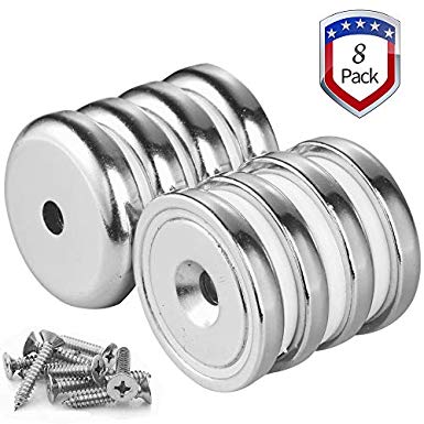 Super Power Neodymium Cup Magnets with 90 lbs Pulling Force,Disc Countersunk Hole Magnets with Screws for Crafts, 1.26"D x 0.3"H, 8 Pack