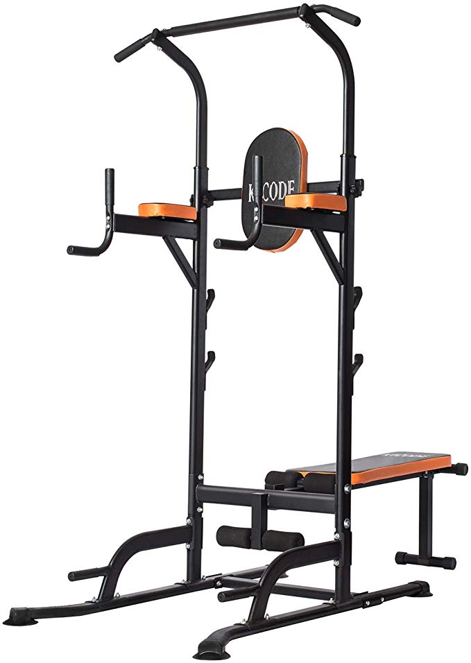 Kicode Power Tower, Workout Dip Station with Sit up Bench, Home Gym Pull Up Dip Station, Pull Up Bar Dip Stand, Adjusting Height Home Strength Training Multi-Function Fitness Equipment