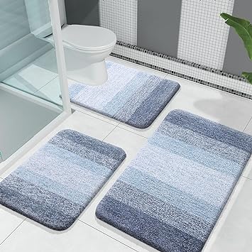 OLANLY Luxury Bathroom Rugs Sets 3 Piece, Soft Absorbent Microfiber Bath Rugs and U-Shaped Contour Toilet Rug, Non-Slip Plush Bath Carpet, Bath Mat Sets for Bathroom (30"x20" 24"x16" 20"x20", Blue)