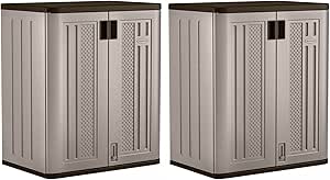 Suncast 9 Cubic Feet Heavy Duty Stylish Functional Plastic Garage Base Storage Cabinet with 2 Shelves Included, Platinum (2 Pack)