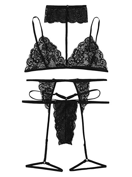 DIDK Women's Floral Lace Scalloped Trim Sexy Garter Lingerie Set with Choker